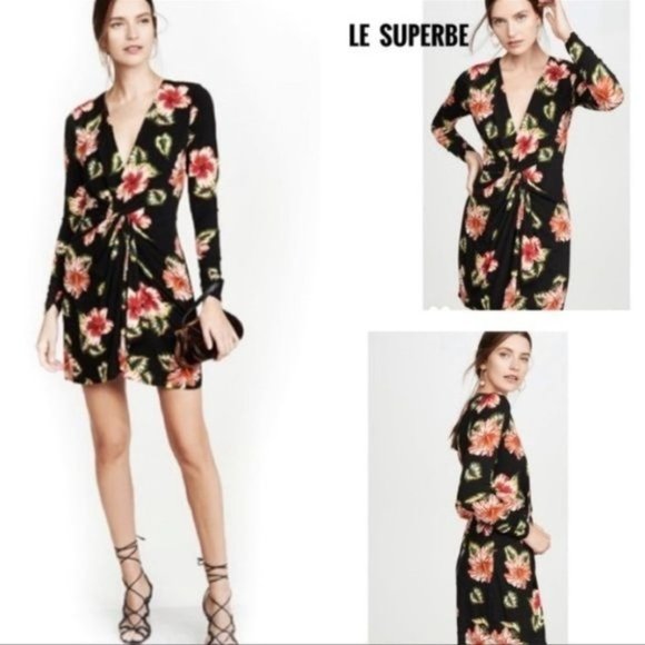 LE SUPERBE V Neck Floral Long Sleeve BODY CON Sexy Mini Dress - Picture 1 of 16